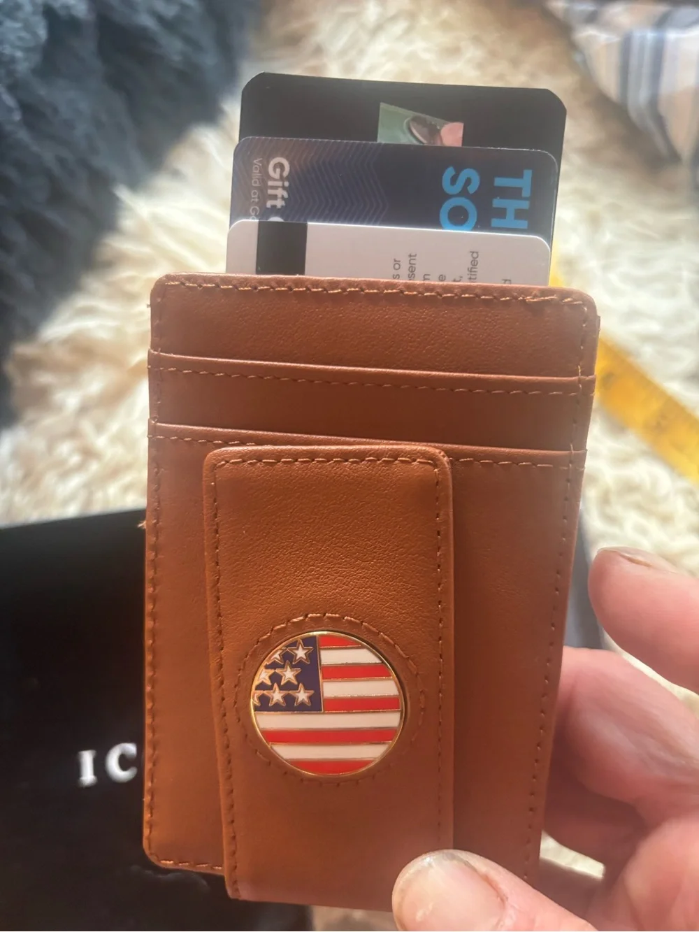ICON Tan Leather Card Holder with American Flag Emblem